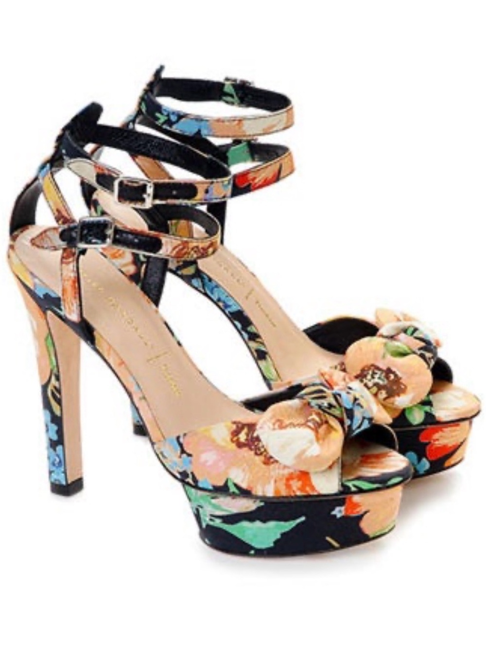 Loeffler Randall Black Floral Knot Sandal with Yellow & Green Accents
